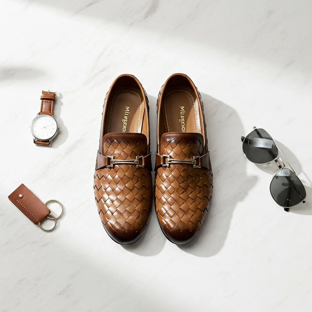 Handmade Pure Leather Brown Woven Loafer Dress Shoes : Italian Style Slip-Ons